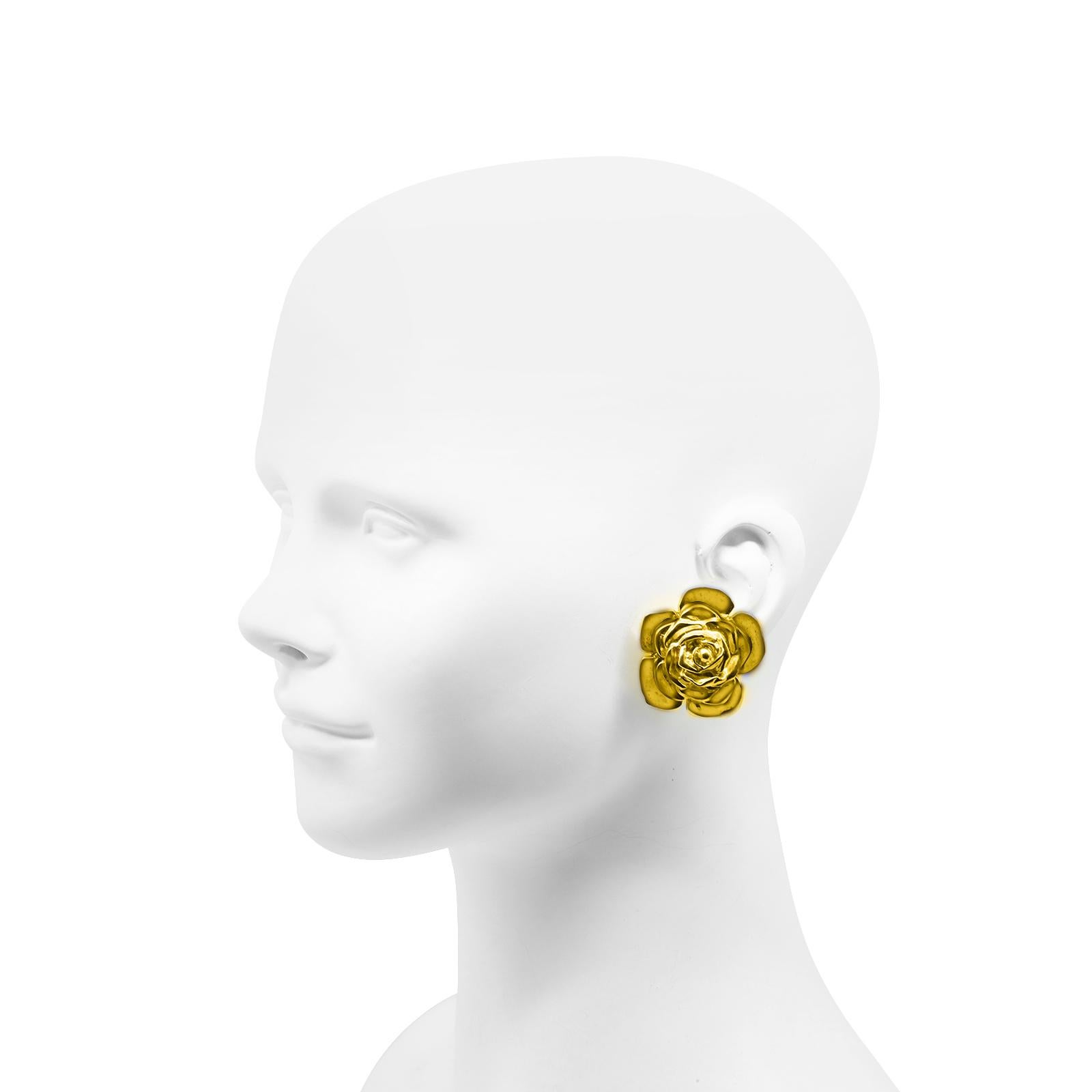 Vintage Maison Goossens Yves Saint Laurent YSL Gold Tone Rose Earrings.  Round and Round and you look like you are seeing a True Flower. Clip On. These are classic YSL. They look like what they say they are. Very chic.  Will always look great on.