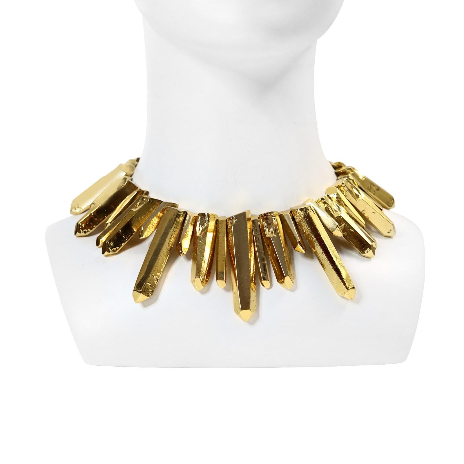 Vintage Maison Goossens Yves Saint Laurent YSL Rock Crystal Collar Heavy Necklace.  La couture dans toute sa splendeur.  Pointes longues et courtes en métal doré.   Barres d'or.   Ce collier est vraiment magnifique. Il est lourd et substantiel !