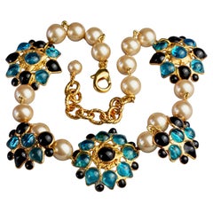 Vintage MAISON GRIPOIX Blue Camellia Flower Pearl Unsigned Necklace
