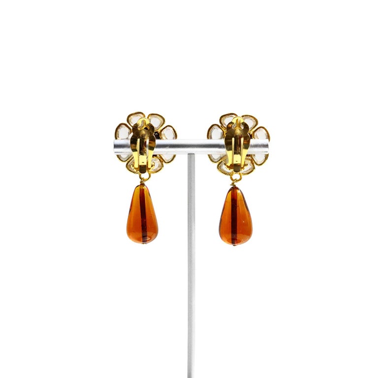 Vintage Maison Gripoix Clear and Muted Red/Orange Flower Dangling Earrings For Sale 5