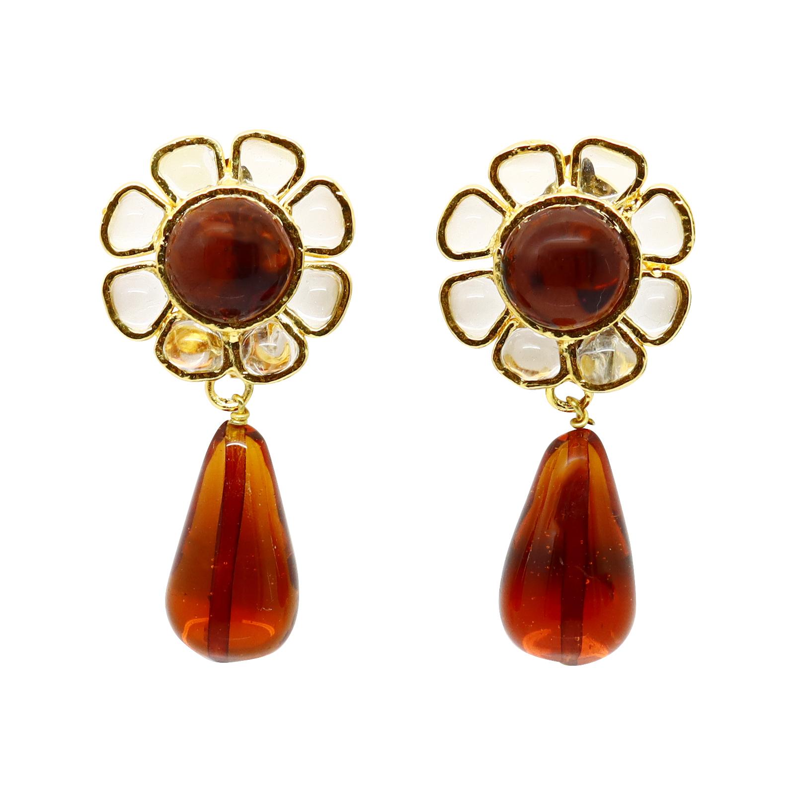 Women's Vintage Maison Gripoix Clear and Muted Red/Orange Flower Earrings Circa 1980s