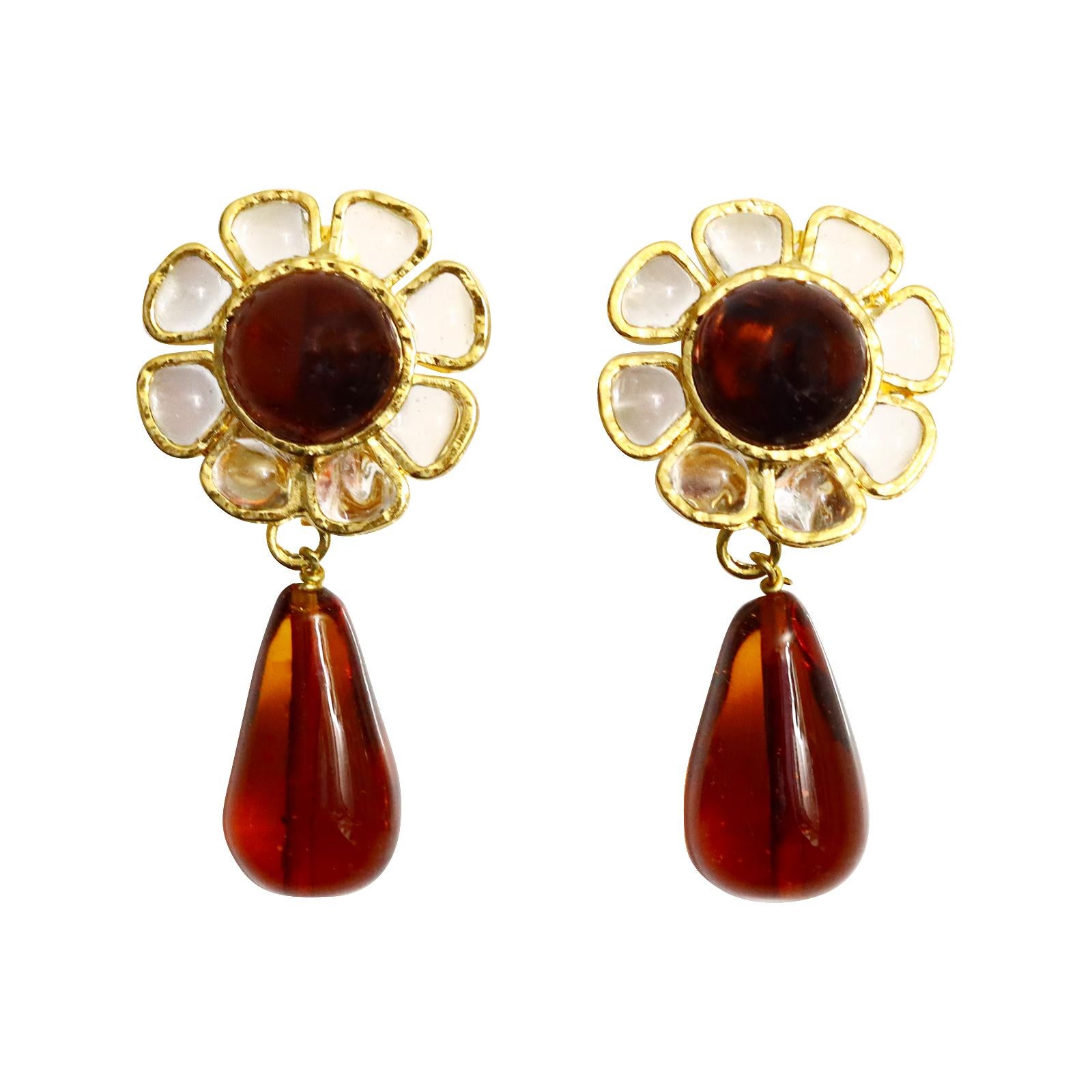 Vintage Maison Gripoix Clear and Muted Red/Orange Flower Earrings Circa 1980s 1