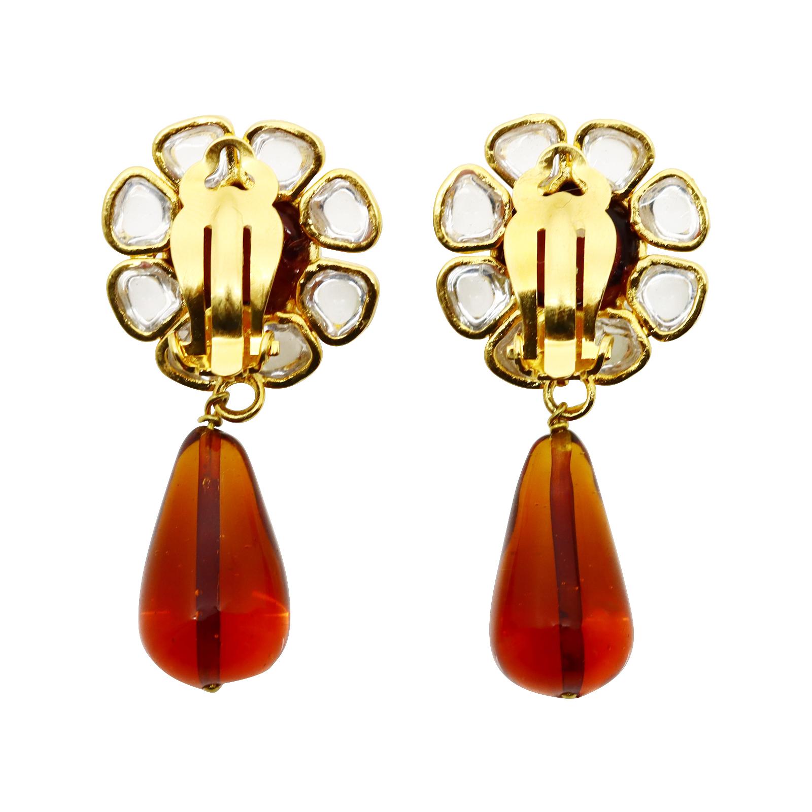 Vintage Maison Gripoix Clear and Muted Red/Orange Flower Earrings Circa 1980s 2