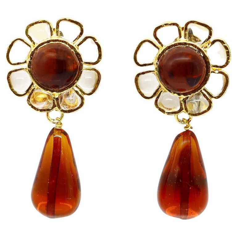 Vintage Maison Gripoix Clear and Muted Red/Orange Flower Dangling Earrings For Sale