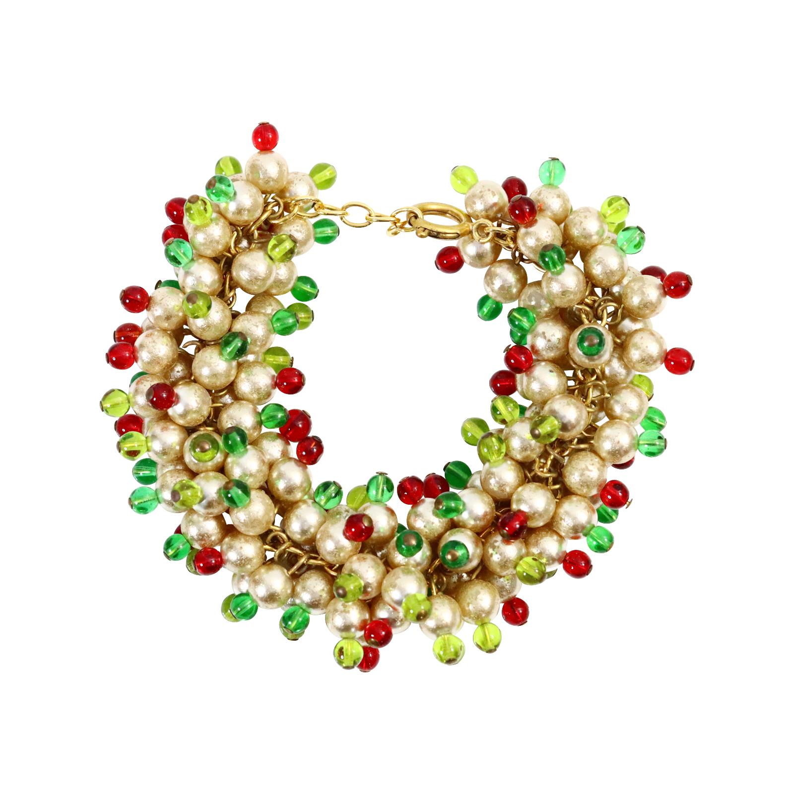 Vintage Maison Gripoix Faux Pearl with Red, Green Chartreuse Beads, circa 1980s For Sale 4