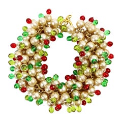 Vintage Maison Gripoix Faux Pearl with Red, Green Chartreuse Beads, circa 1980s