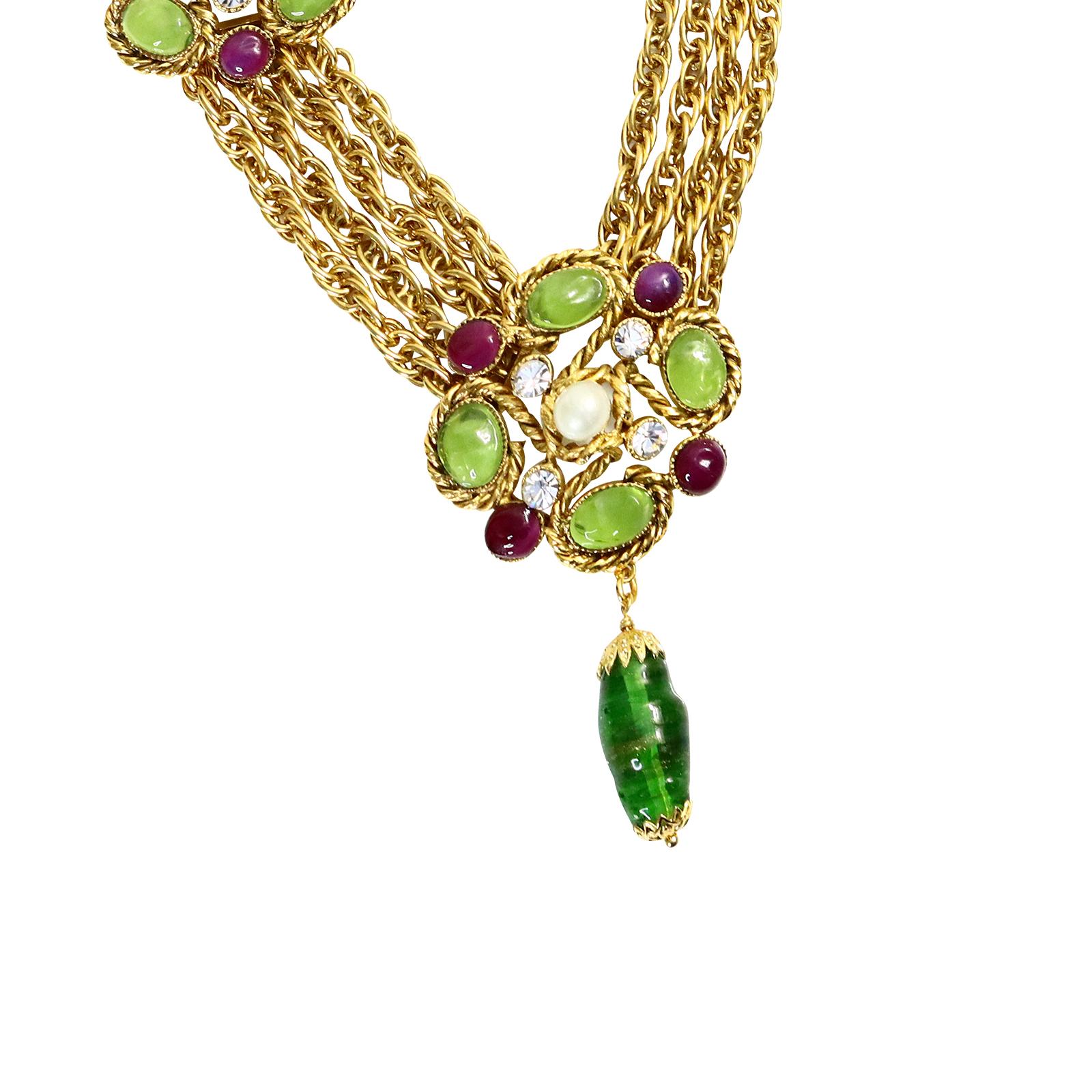 Vintage Maison Gripoix Green, Crystal, Red Faux Pearl Gold Necklace Circa 1990s 4