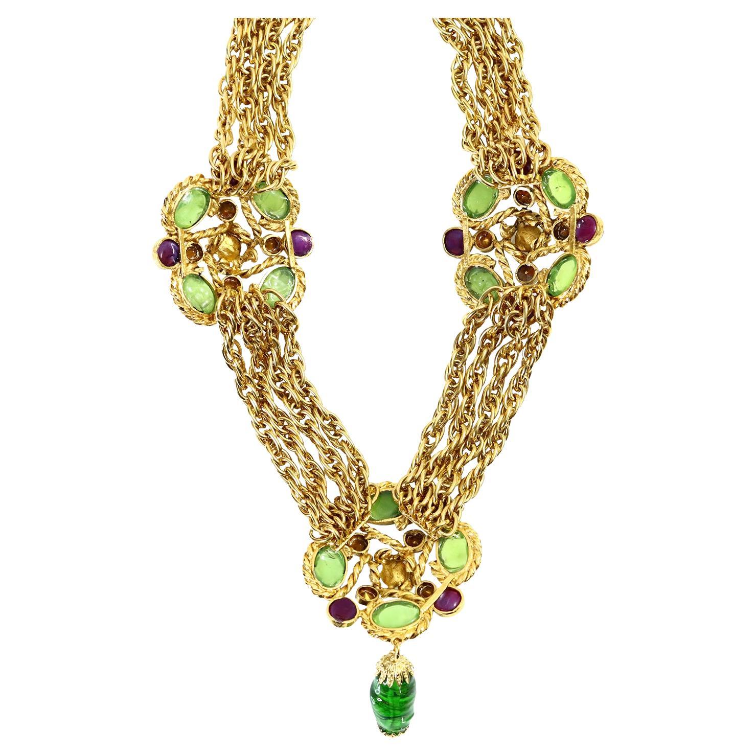 Vintage Maison Gripoix Green, Crystal, Red Faux Pearl Gold Necklace Circa 1990s 6