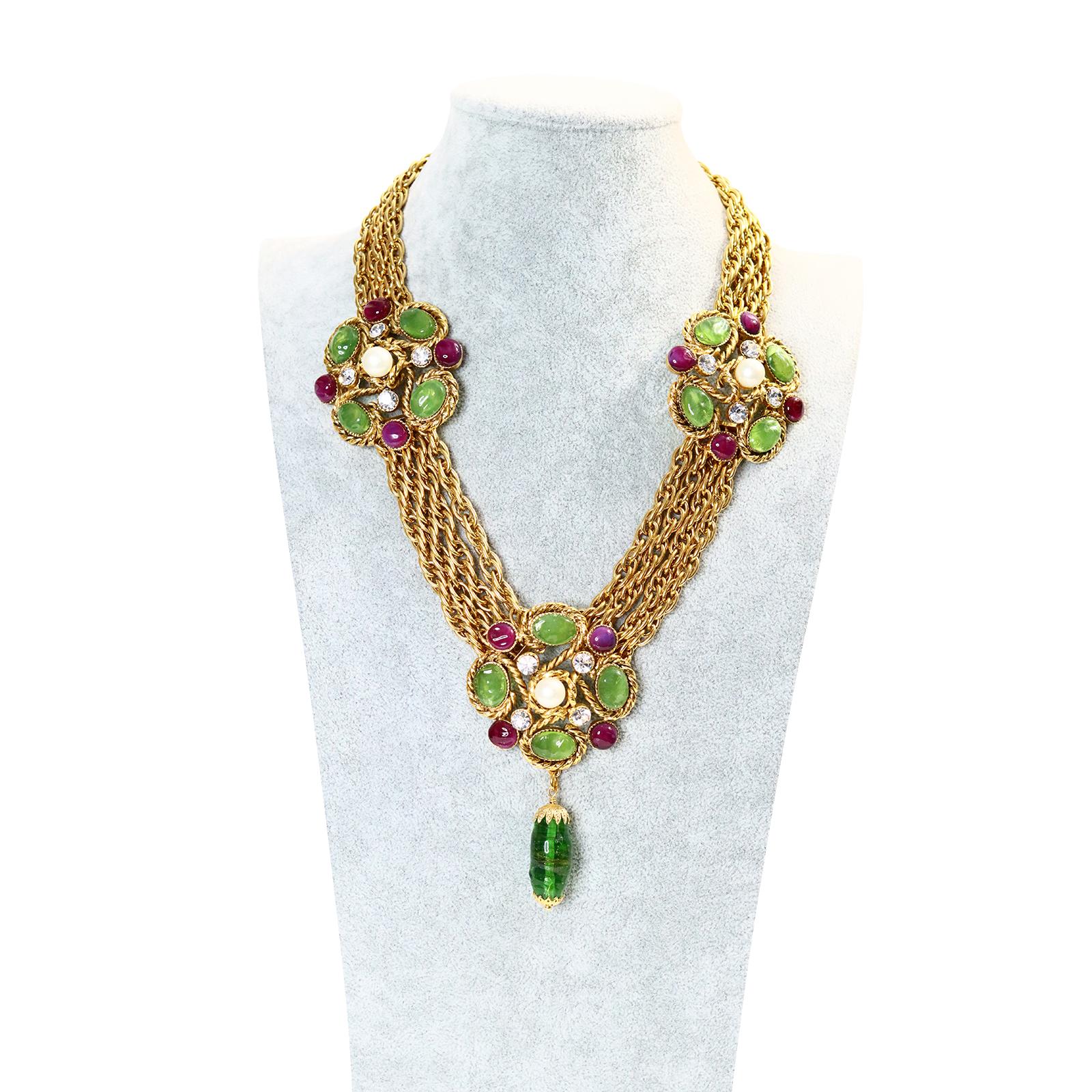 Vintage Maison Gripoix Green, Crystal, Red and Faux Pearl on Gold Chain Necklace with Dangling Green Piece.  3 Different Emblems On Gold Chain with Dangling Green Piece in the Middle.  22