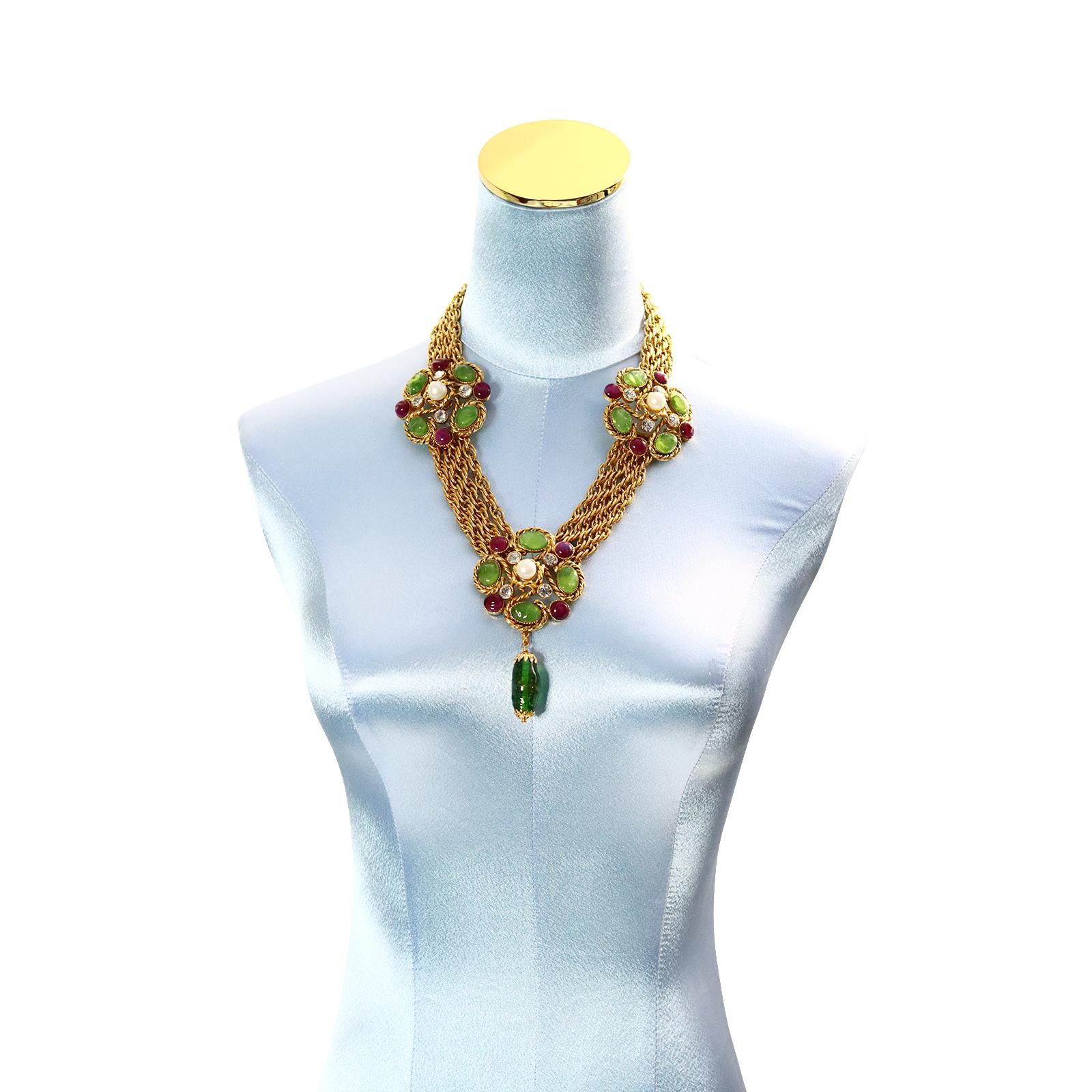 Artist Vintage Maison Gripoix Green, Crystal, Red Faux Pearl Gold Necklace Circa 1990s