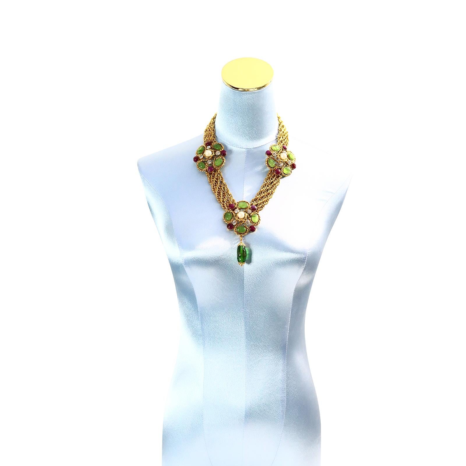 Vintage Maison Gripoix Green, Crystal, Red Faux Pearl Gold Necklace Circa 1990s In Excellent Condition In New York, NY