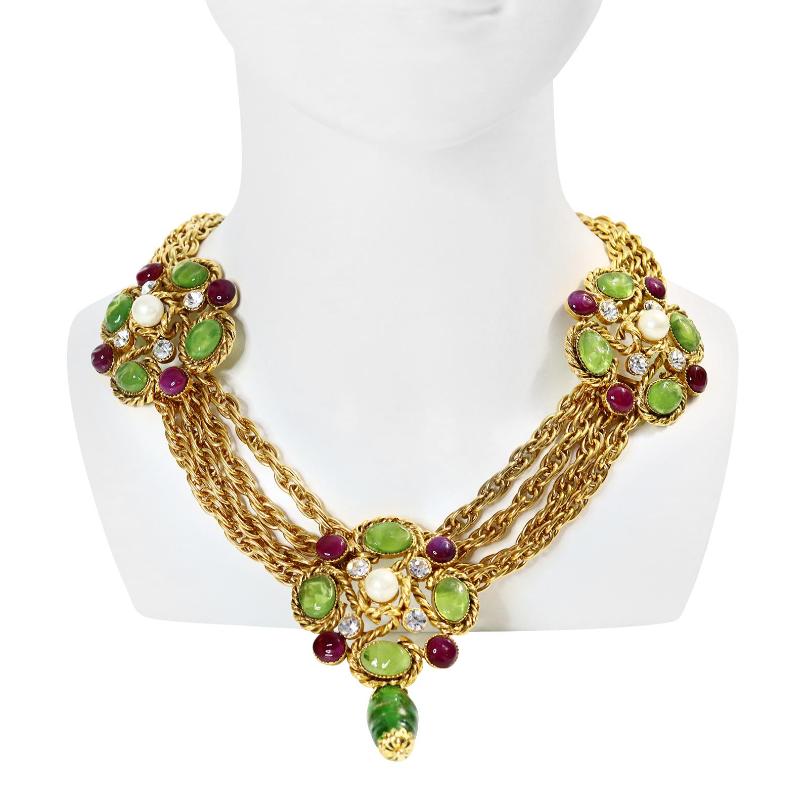 Vintage Maison Gripoix Green, Crystal, Red Faux Pearl Gold Necklace Circa 1990s 1