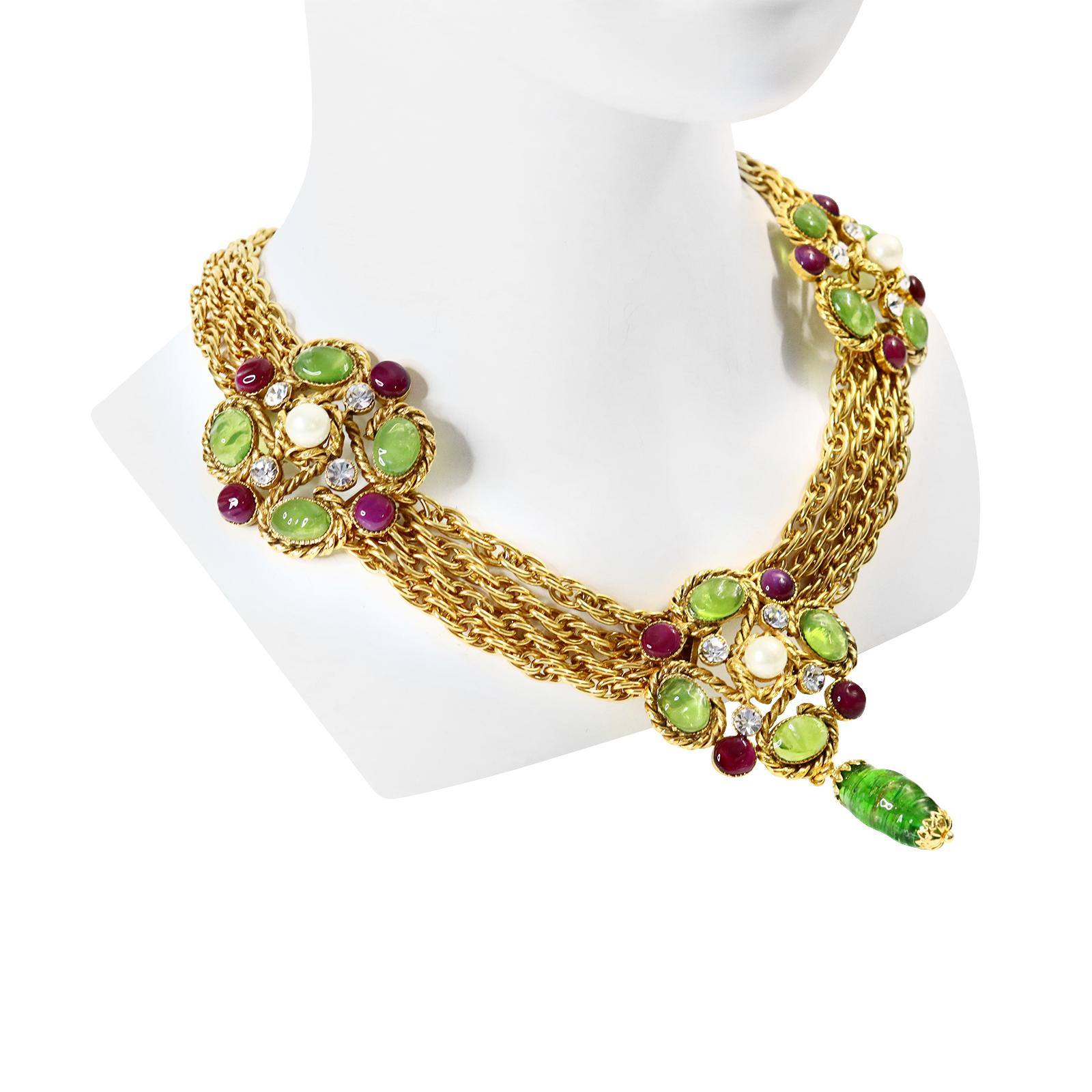 Vintage Maison Gripoix Green, Crystal, Red Faux Pearl Gold Necklace Circa 1990s 2