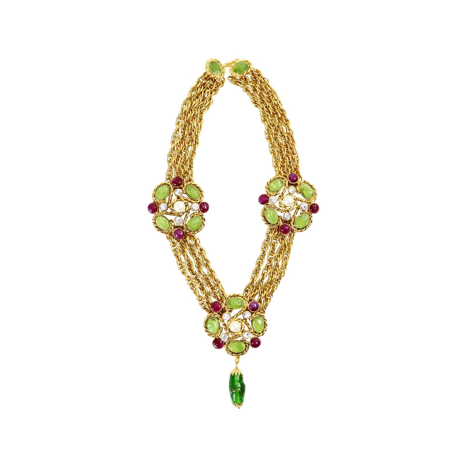 Vintage Maison Gripoix Green, Crystal, Red Faux Pearl Gold Necklace Circa 1990s 3