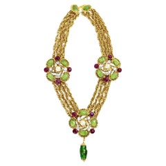 Vintage Maison Gripoix Green, Crystal, Red and Faux Pearl on Gold Chain Necklace