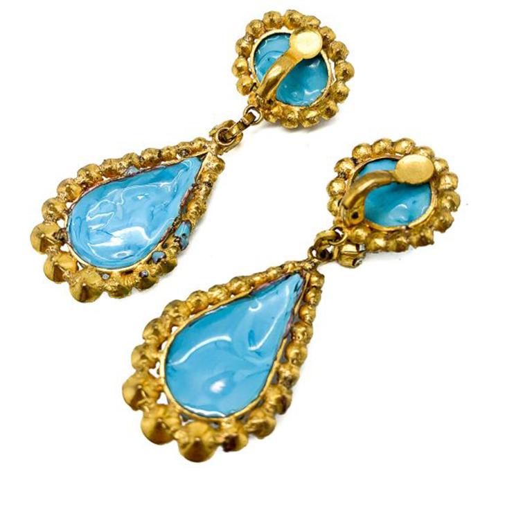 Vintage Maison Gripoix Pate De Verre Poured Turquoise Glass Teardrop Earrings In Fair Condition For Sale In Wilmslow, GB