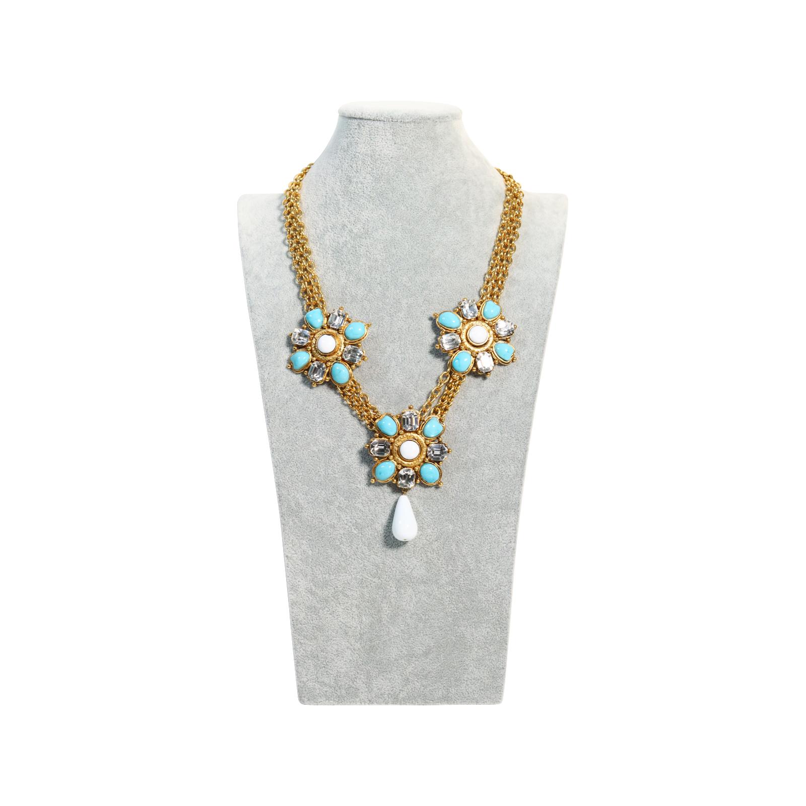 Vintage Maison Gripoix White, Crystal and Faux Turquoise on Gold Chain Necklace.  3 Different Emblems On Gold Chain with Dangling White Piece in the Middle.  22