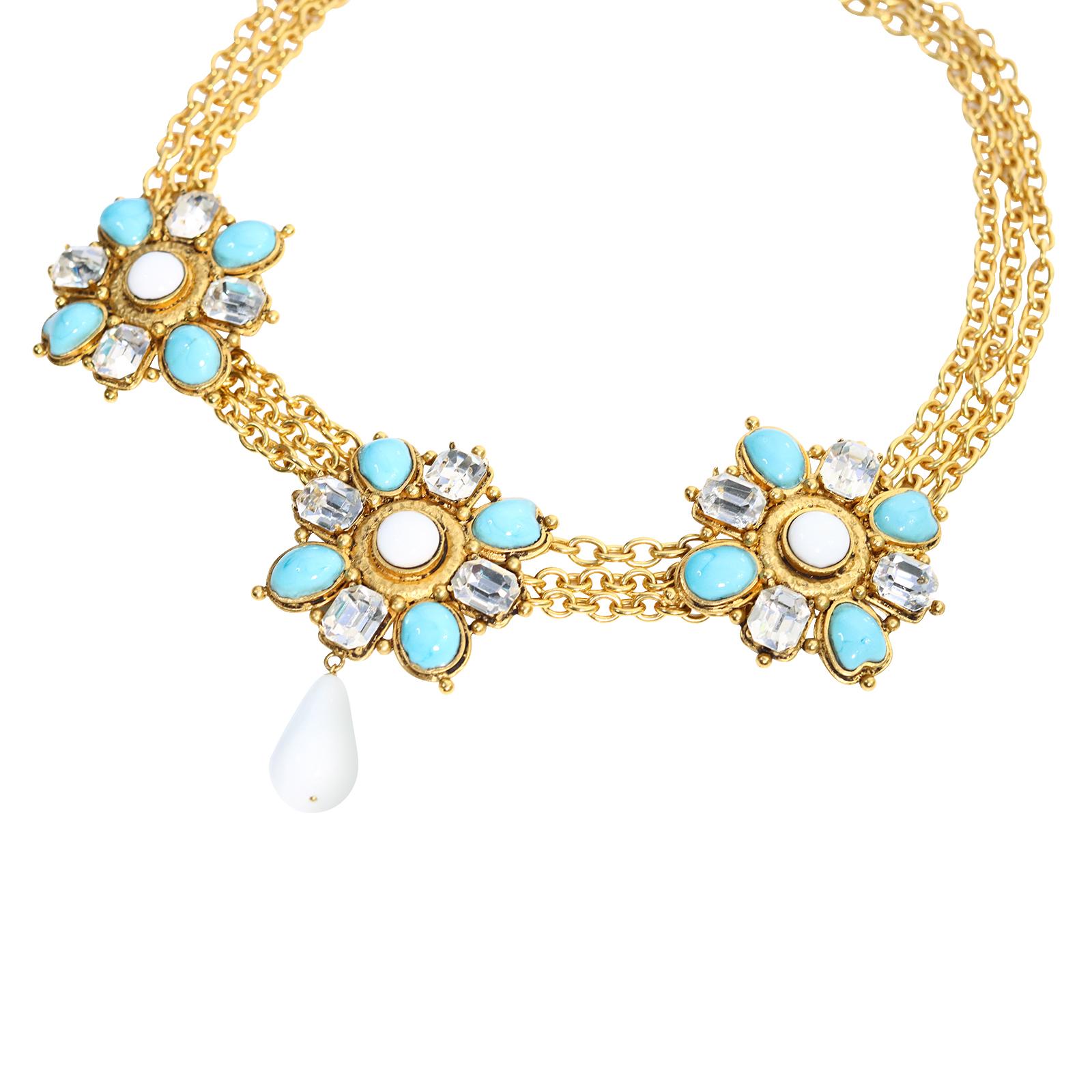 Vintage Maison Gripoix White, Crystal, Faux Turquoise Gold Necklace Circa 1990s In Good Condition For Sale In New York, NY