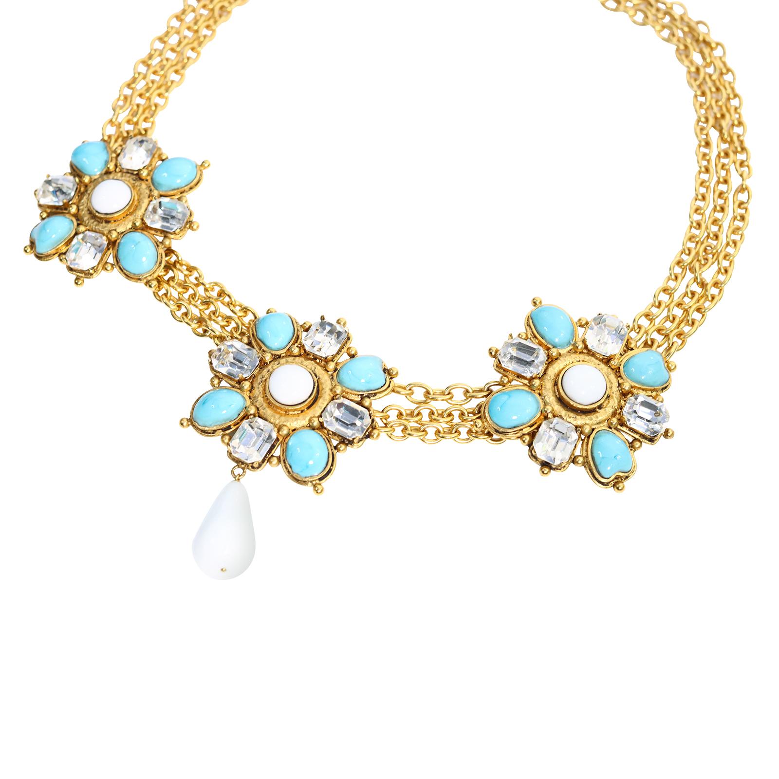 Collier vintage Maison Gripoix en or blanc, cristal et fausse turquoise, circa 1990 Unisexe en vente