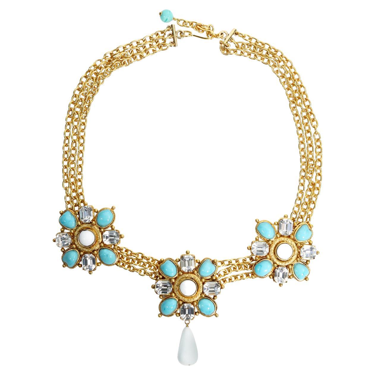 Vintage Maison Gripoix White, Crystal and Faux Turquoise on Gold Chain Necklace