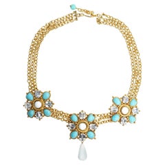 Used Maison Gripoix White, Crystal, Faux Turquoise Gold Necklace Circa 1990s