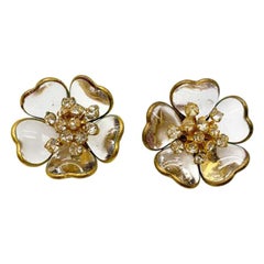 Vintage Maison Gripoix White ‘pate De Verre’ Gold Floral Earrings 1960s