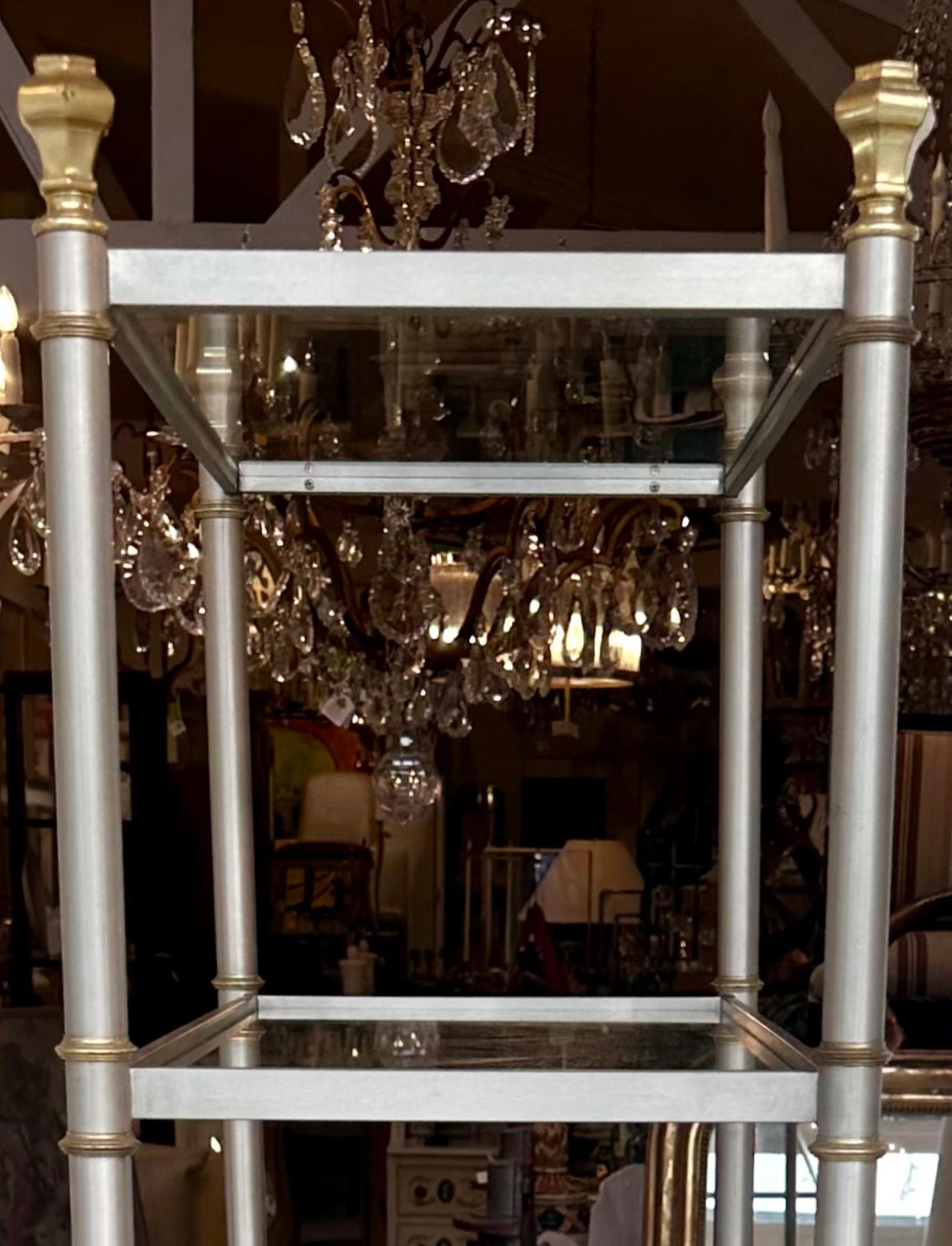 Vintage Maison Jansen Brushed Steel & Brass Etagere In Good Condition For Sale In LOS ANGELES, CA
