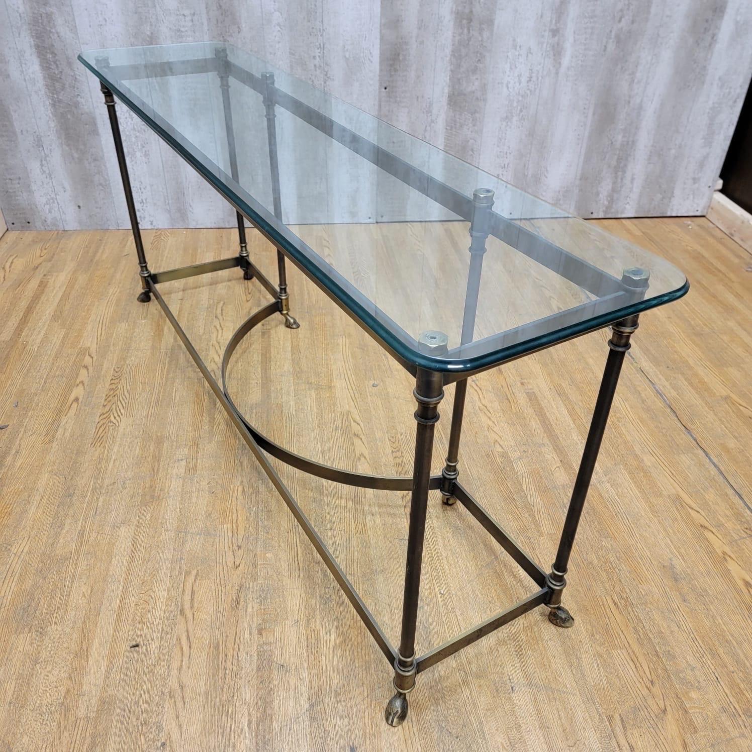 Vintage Maison Jansen LaBarge Styled Brass Hoofed Feet Glass Top Console Table For Sale 4