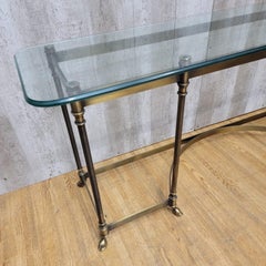 Vintage Maison Jansen LaBarge Styled Brass Hoofed Feet Glass Top Console Table