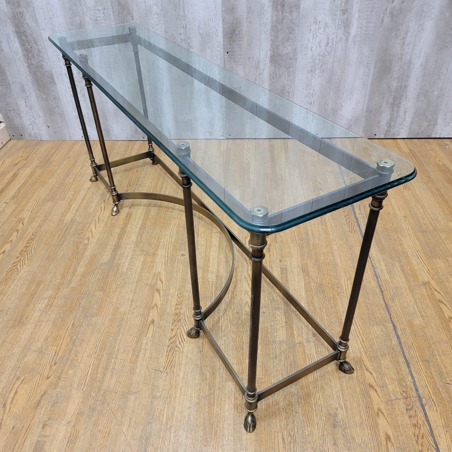 Hollywood Regency Vintage Maison Jansen LaBarge Styled Brass Hoofed Feet Glass Top Console Table For Sale