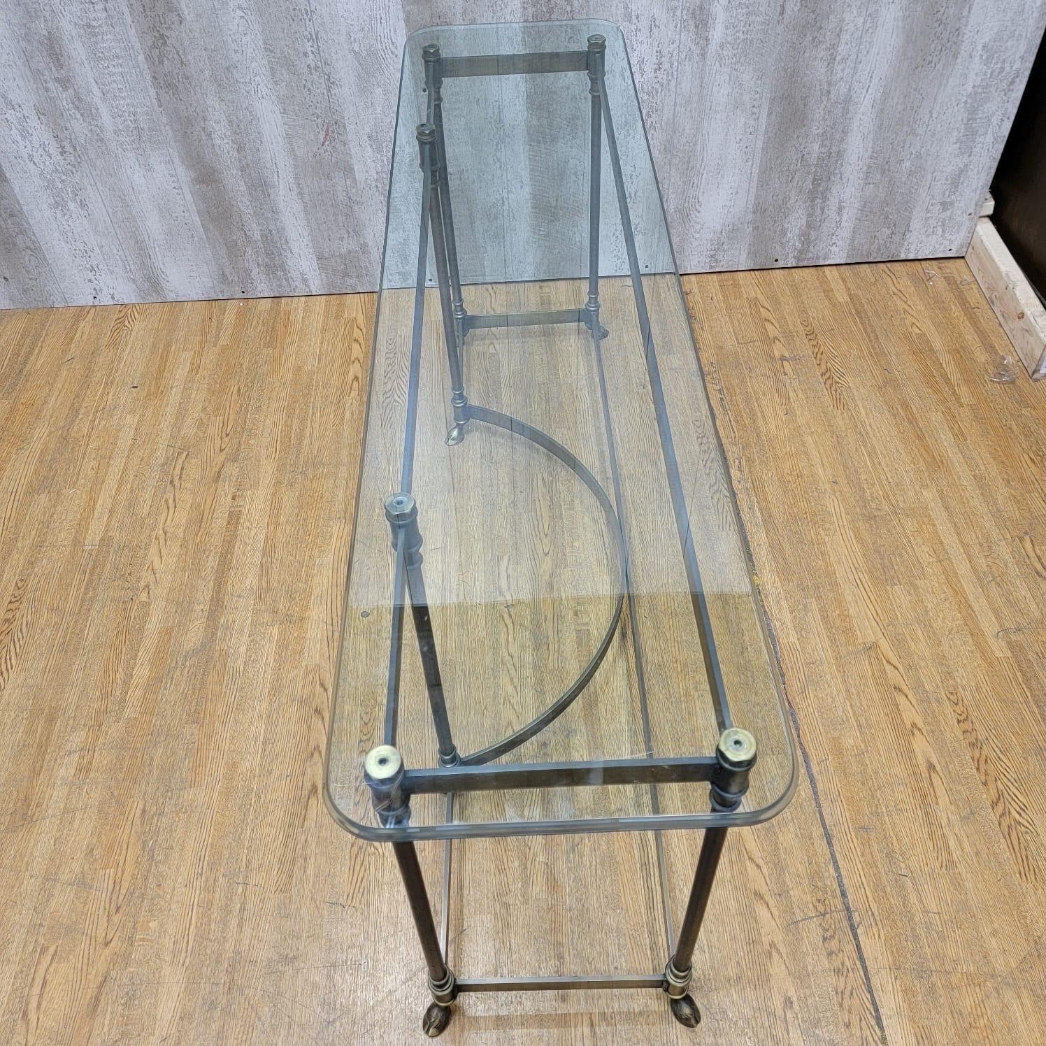 Vintage Maison Jansen LaBarge Styled Brass Hoofed Feet Glass Top Console Table In Good Condition For Sale In Chicago, IL