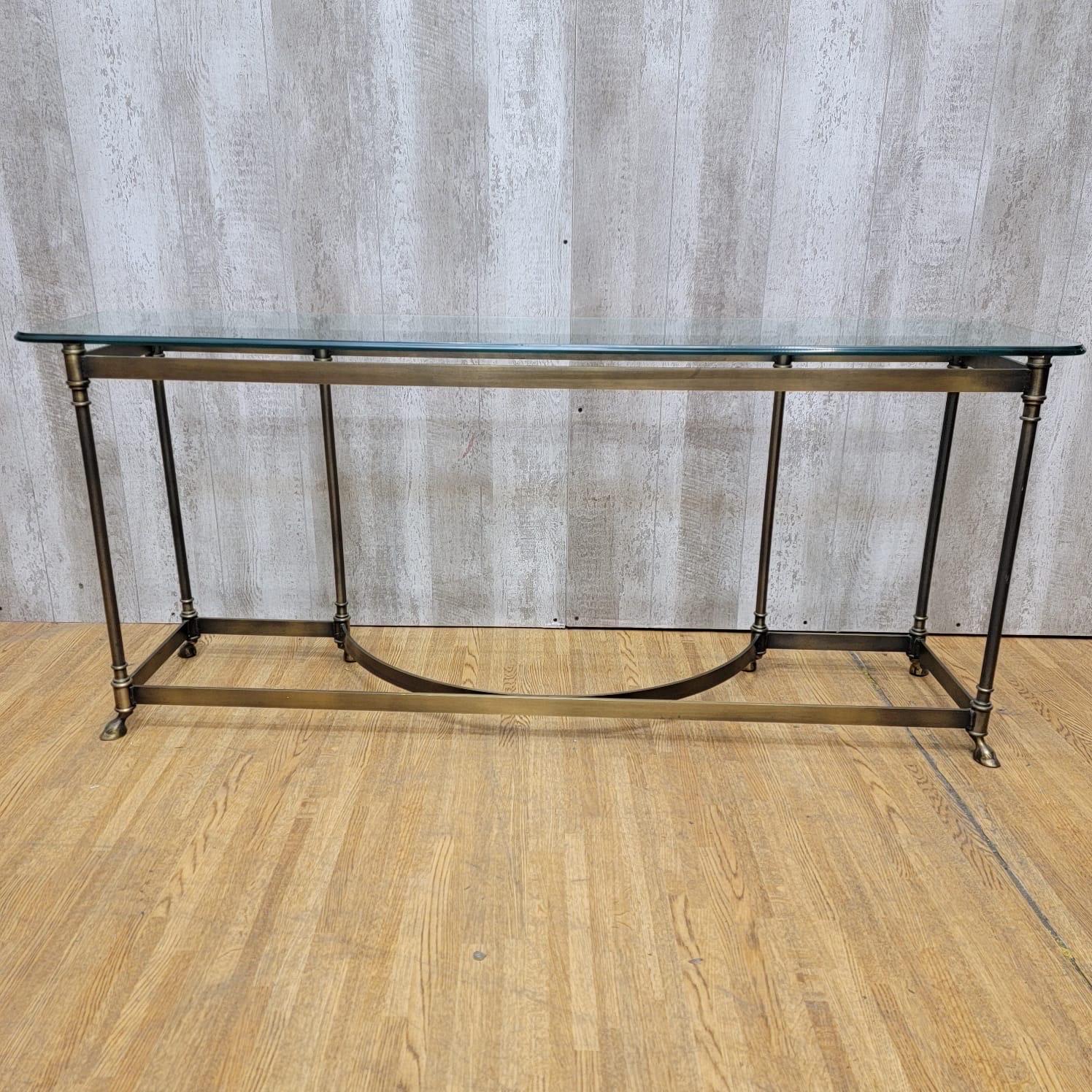 Vintage Maison Jansen LaBarge Styled Brass Hoofed Feet Glass Top Console Table For Sale 2