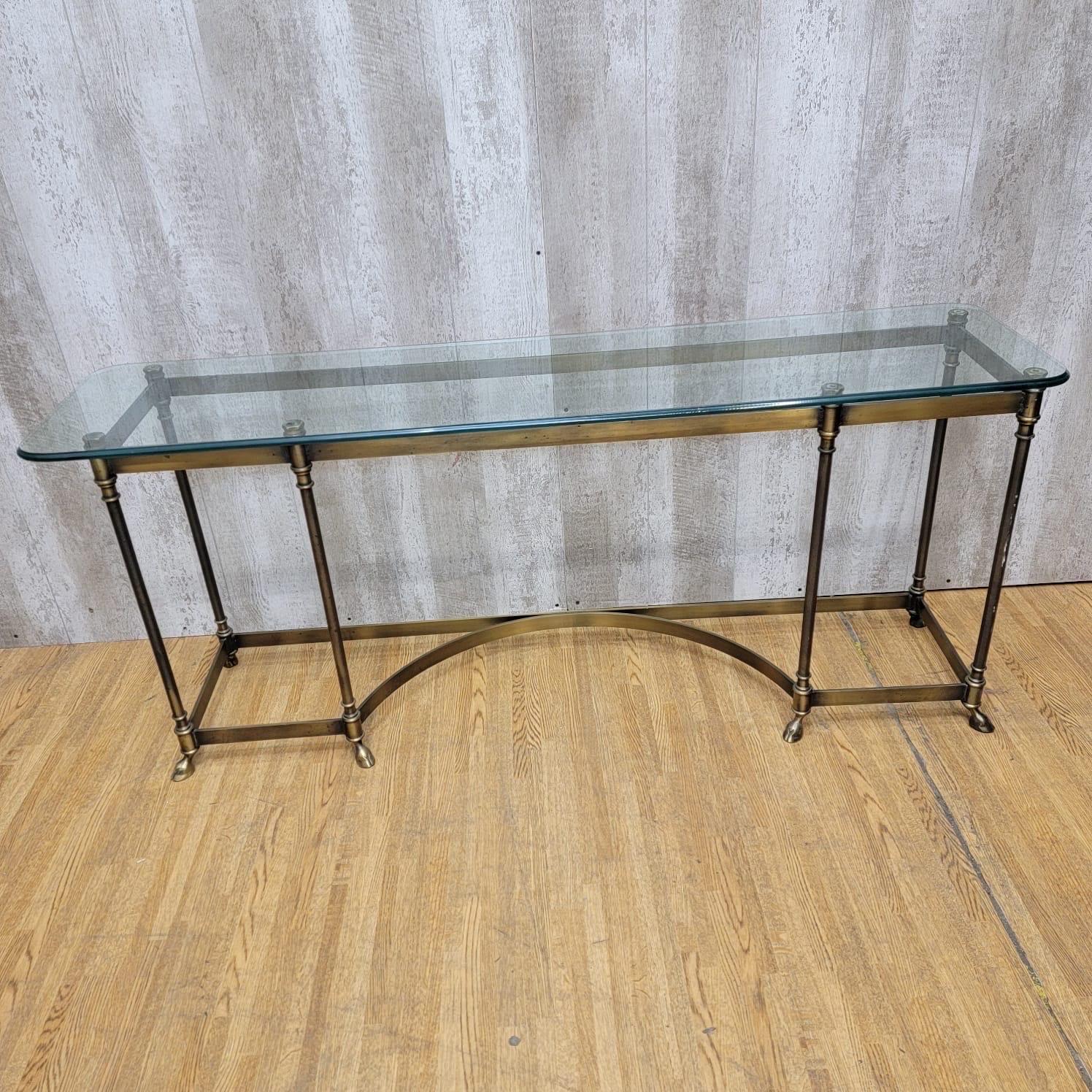 Vintage Maison Jansen LaBarge Styled Brass Hoofed Feet Glass Top Console Table For Sale 3
