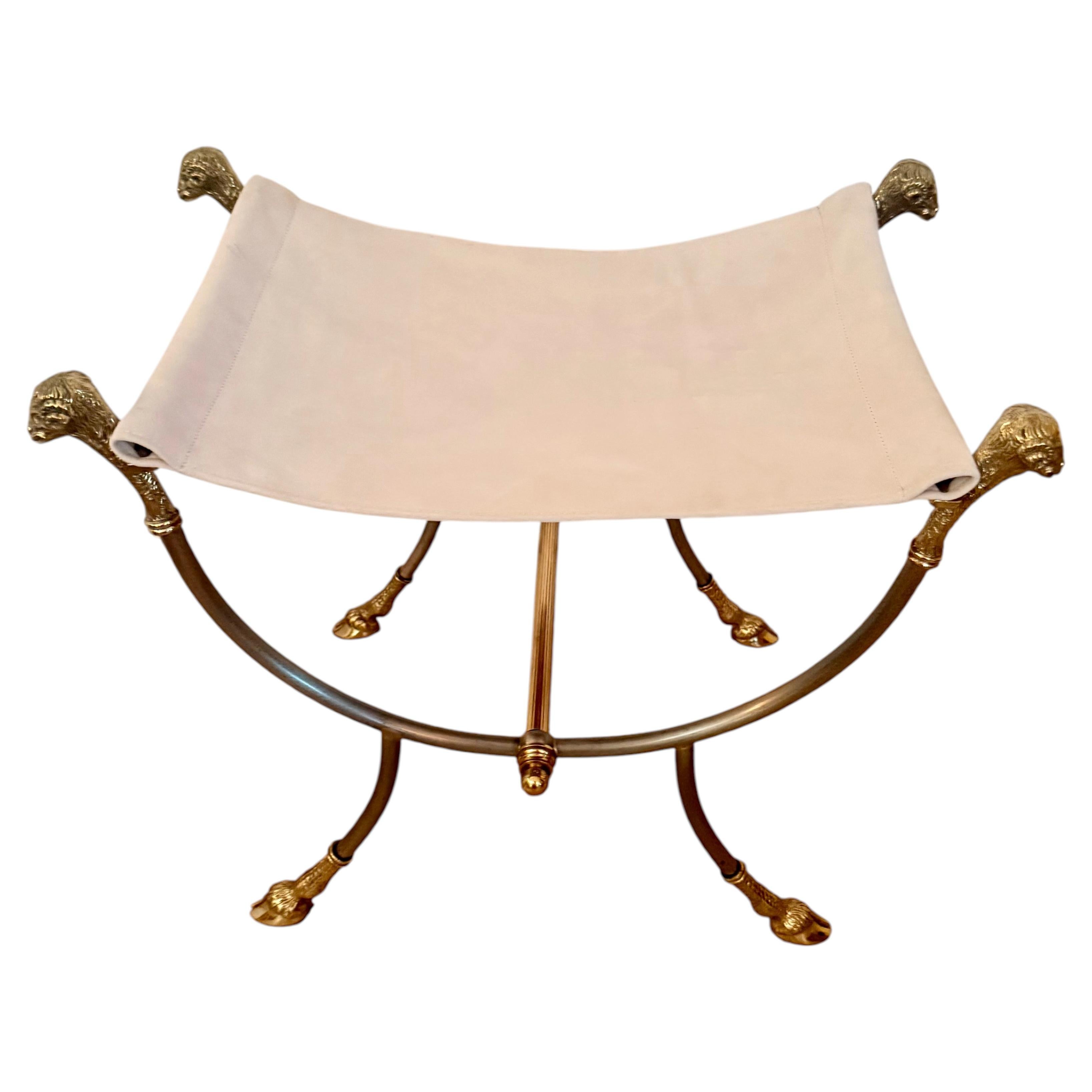 Vintage Maison Jansen Ram's Head Stool with Suede Seat, 1970s For Sale