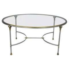Runder italienischer Regency-Couchtisch aus Stahl und Glas im Vintage-Stil von Maison Jansen im Regency-Stil