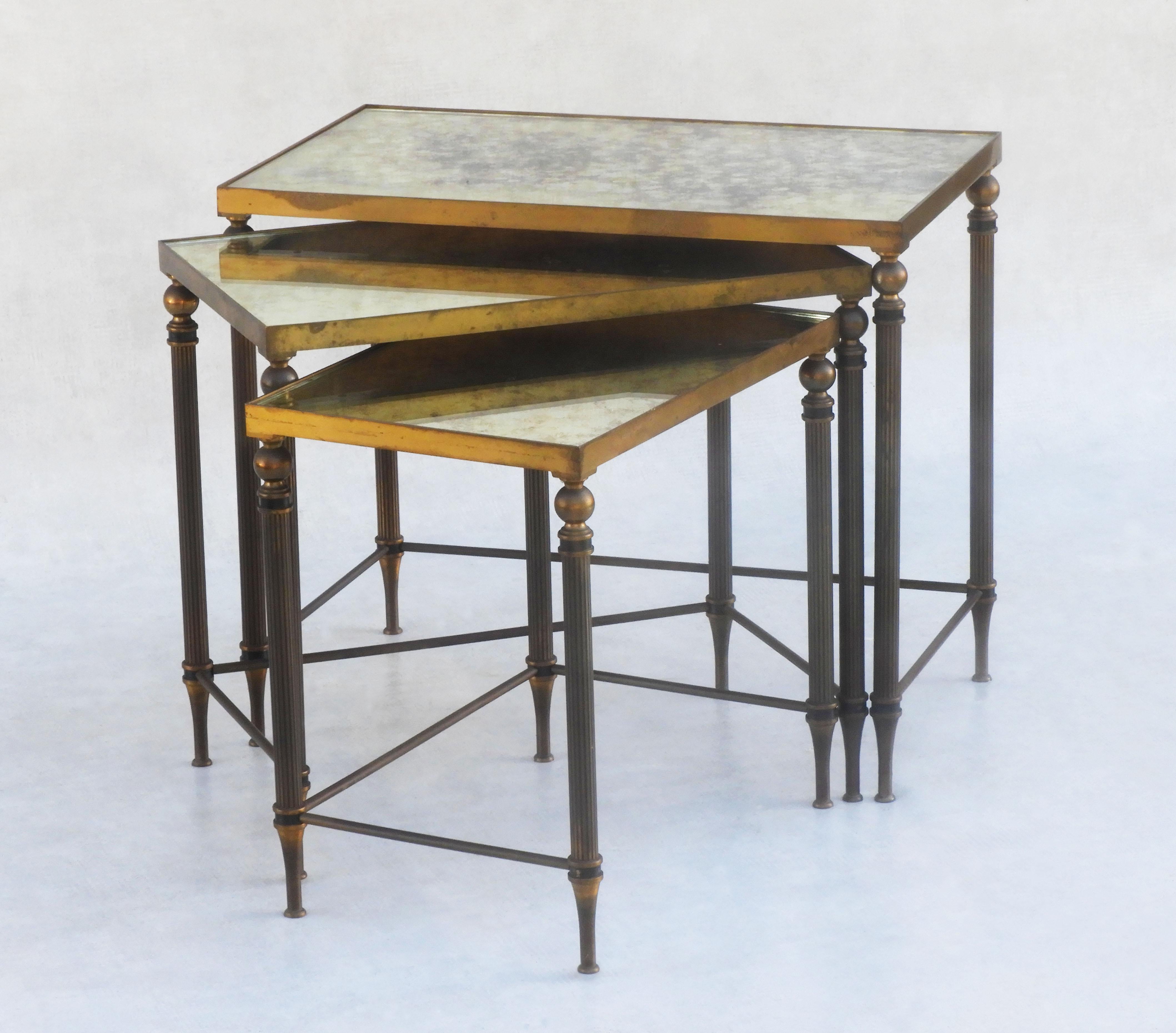 Hollywood Regency Vintage Maison Jansen Style Nest of Tables in Bronze and Verre Églomisé