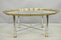 Vintage Maison Jansen Style Steel & Brass Scalloped Glass Tray Top Coffee Table