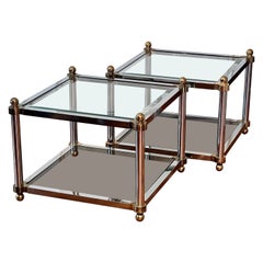 Vintage Maison Jansen Style Two Tier Brass and Chrome Square Glass Tables, Pair
