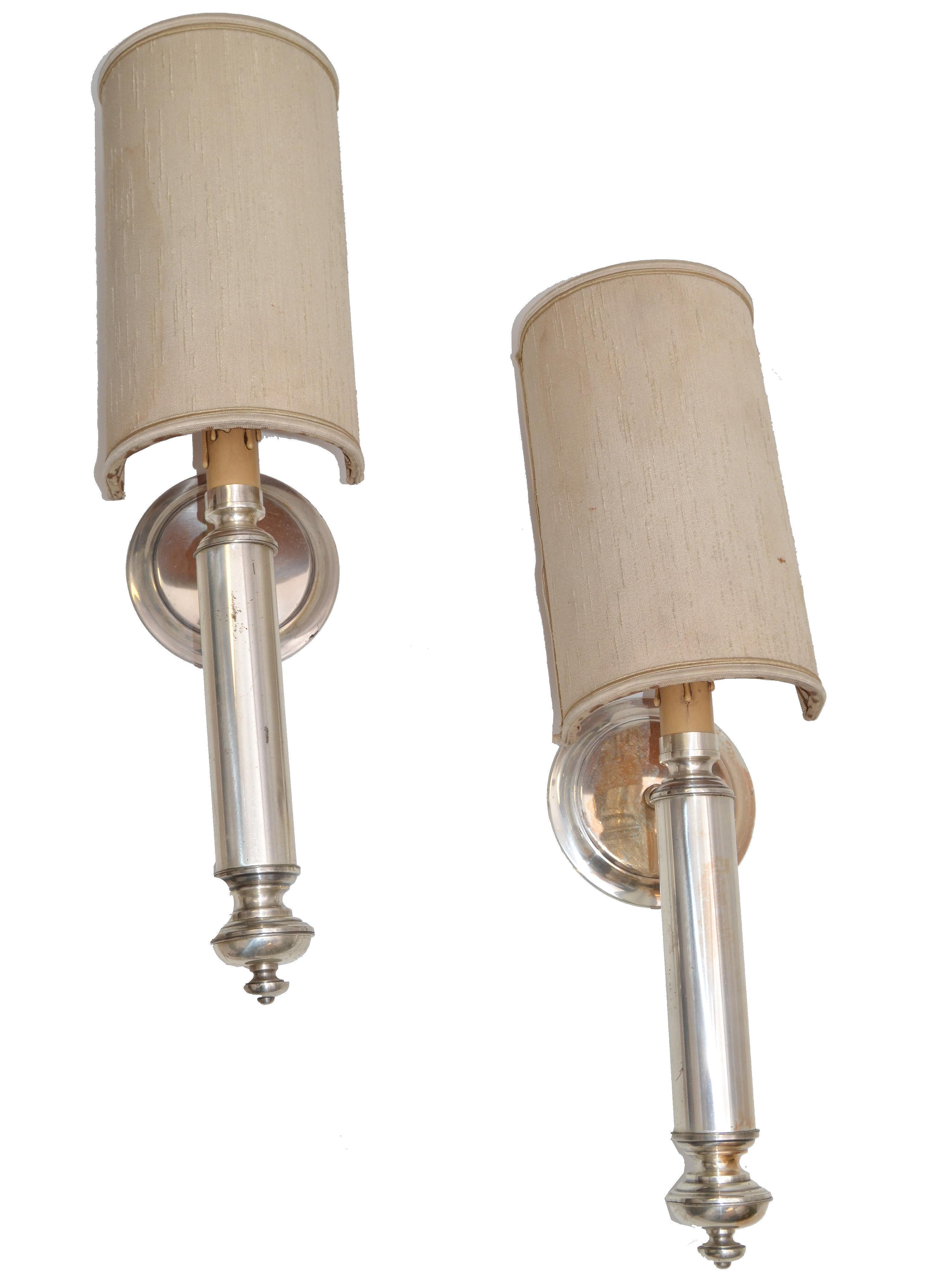 Vintage Maison Lancel Wall Sconces Silver Finish with Original Half Shade, Pair For Sale 3