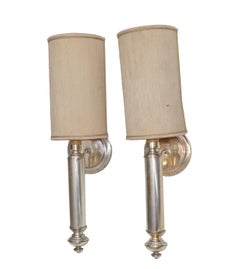Vintage Maison Lancel Wall Sconces Silver Finish with Original Half Shade, Pair