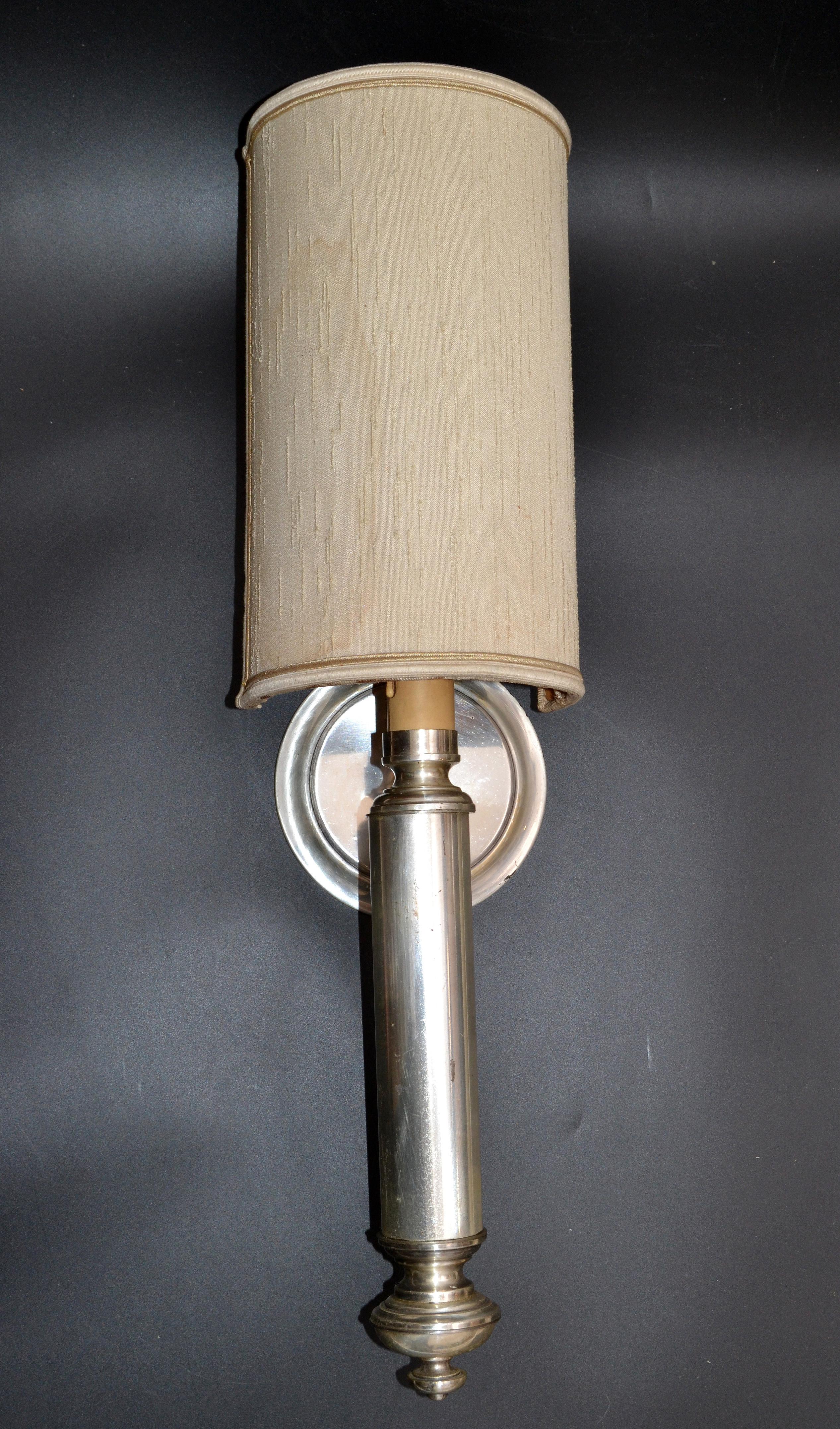 French Vintage Maison Lancel Wall Sconces Silver Finish with Original Half Shade, Pair For Sale