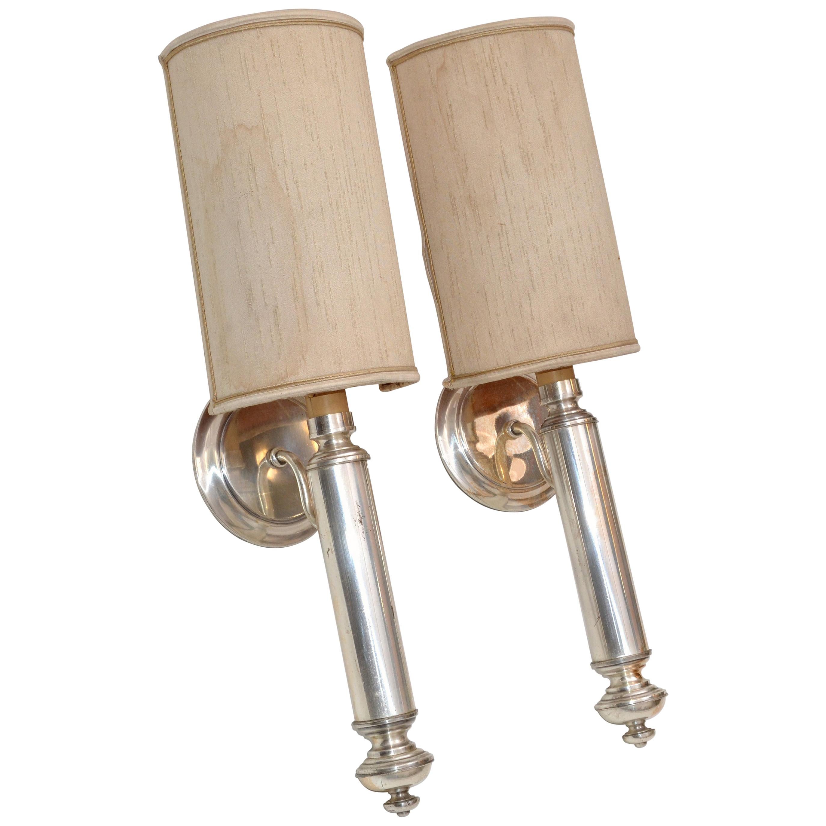 Vintage Maison Lancel Wall Sconces Silver Finish with Original Half Shade, Pair For Sale