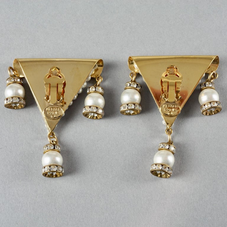 Vintage MAISON LESAGE Triangular Beaded Pearl Dangling Earrings 6