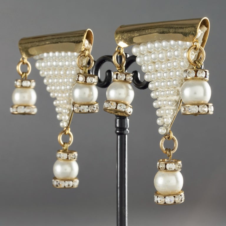 Women's Vintage MAISON LESAGE Triangular Beaded Pearl Dangling Earrings