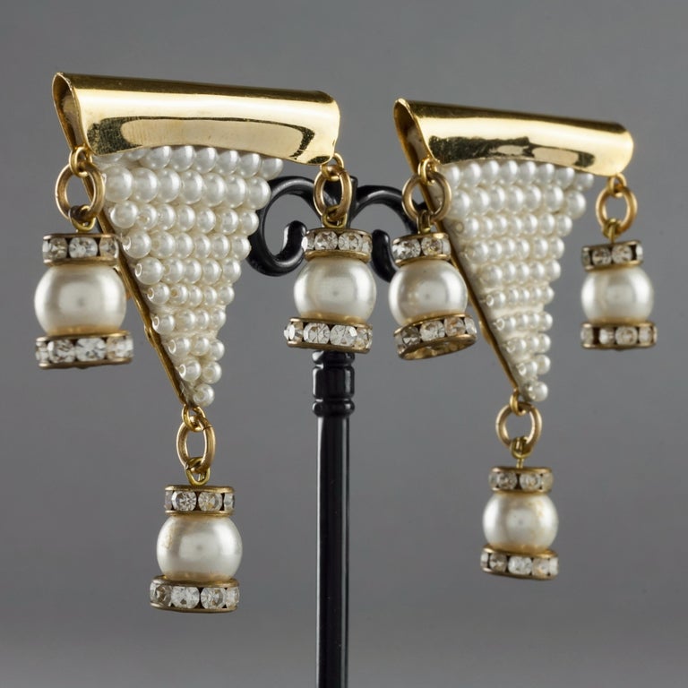 Vintage MAISON LESAGE Triangular Beaded Pearl Dangling Earrings 1