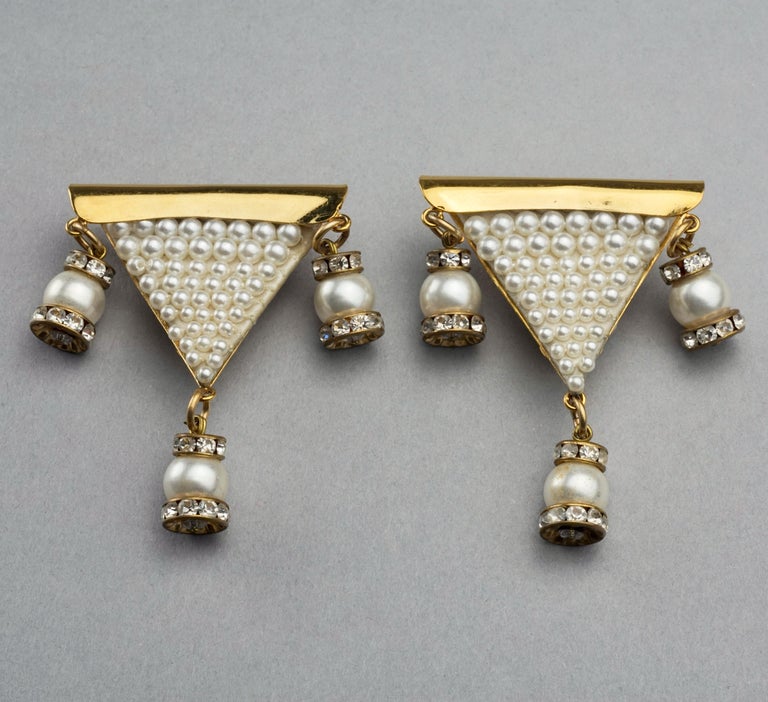 Vintage MAISON LESAGE Triangular Beaded Pearl Dangling Earrings 2
