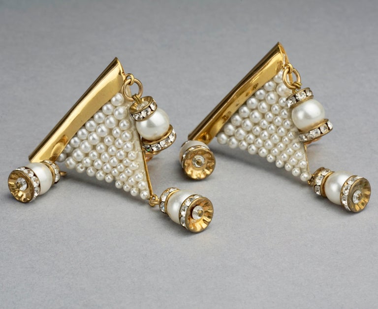 Vintage MAISON LESAGE Triangular Beaded Pearl Dangling Earrings 4
