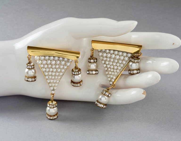 Vintage MAISON LESAGE Triangular Beaded Pearl Dangling Earrings 5