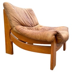 Sillón de cuero vintage Maison Regain de pino macizo de los años 60