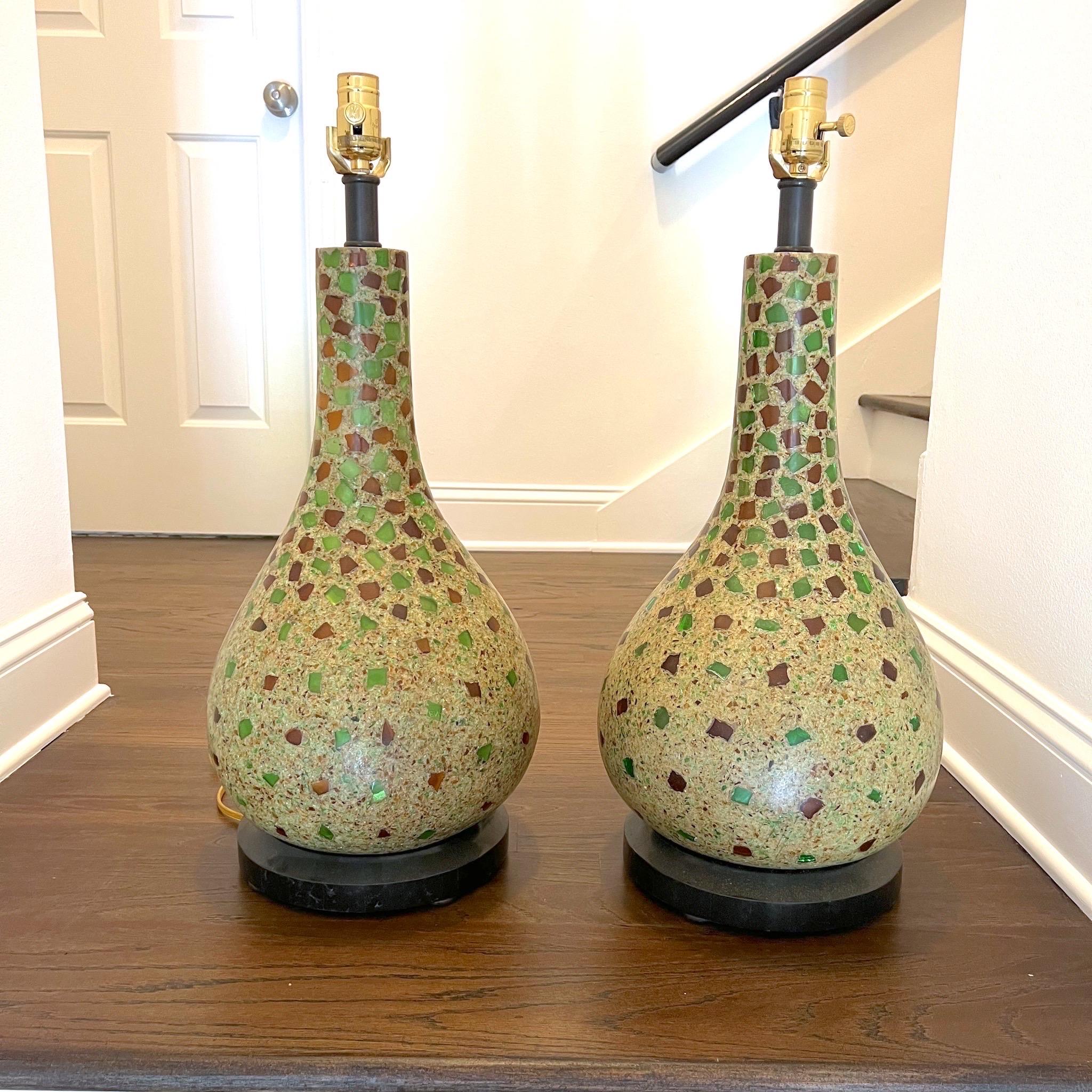 Stone Vintage Maitland and Smith Gourd Lamps with Green Glass Inlay Lamps, a Pair 